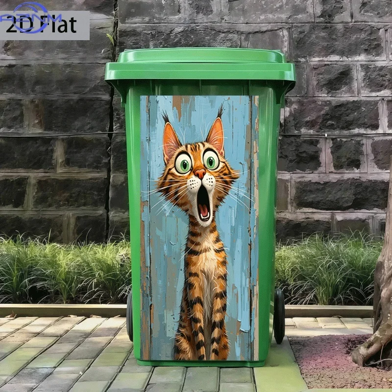 2D Flat Printing 1pc Trash Can Sticker Cute Cat with Shocked Expression Theme Design Wall Decal Self-Adhesive Wallpaper Kitche