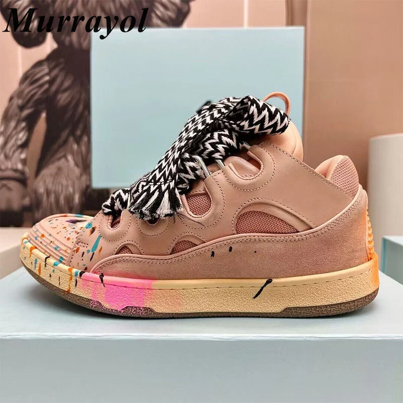 

New Graffiti Genuine Leather Splicing Casual Shoes Lace Up Thick Bottom Sneaker Spring Autumn Walking Shoes Unisex Daddy Shoes