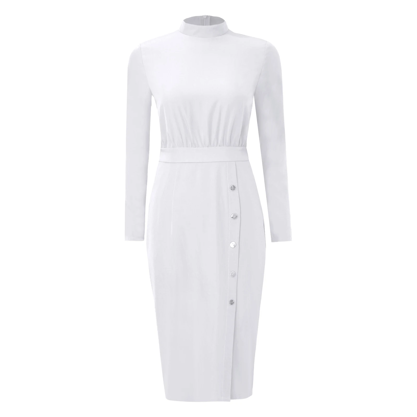 Women Nurse Scrub Dress Long Sleeve Elastic Waist Buttons Dresses with Pockets Doctor Medical Beautician Spa Uniform Workwear