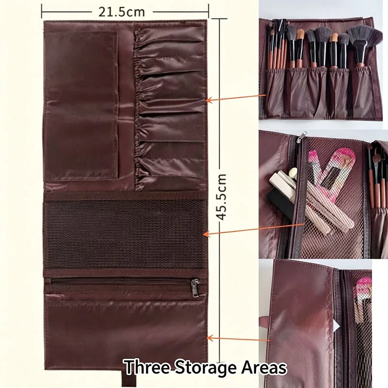 Bolsa Enrollable para Brochas de Maquillaje de Cuero PU, Bolsa de Almacenamiento Plegable para Brochas Cosméticas, Bolsa Organizadora de Maquillaje de Viaje con Múltiples Ranuras y Correa de Sujeción