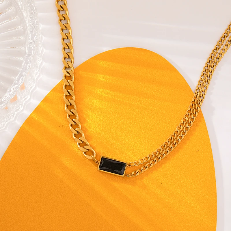 GANEMLY-Colar de cristal preto para mulheres, aço inoxidável 316L, corrente de pescoço impermeável, banhado a ouro 18k, presente feminino da moda