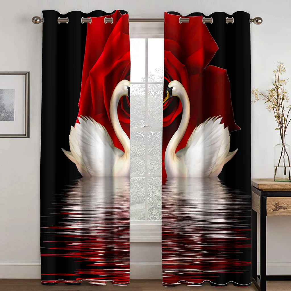 

2 Pcs Swan Lake Curtains Red Black 3D Print Living Room Bedroom Decor Curtains Romantic Love Theme Window Drapes