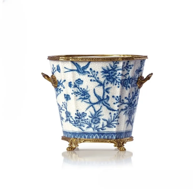 New Chinese blue and white porcelain large-diameter vase ornament light luxury high-end ice bucket ornament