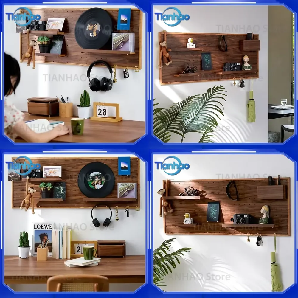 Adjustable Black Walnut Wall Mounted Storage Rack for Space Saving Key Holders Living Room Decoration Hole Board Design