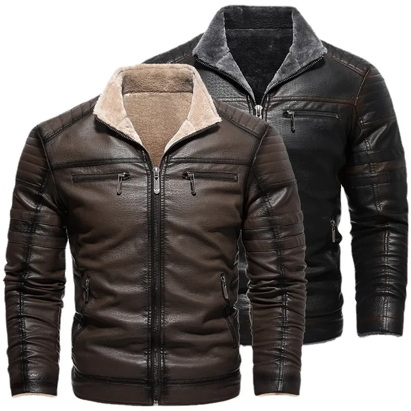 Winter Fleece Men's Leather Jacket Warm Vintage Solid Thicken Motorcycles Coat Autumn Male Windproof Jackets Outerwear