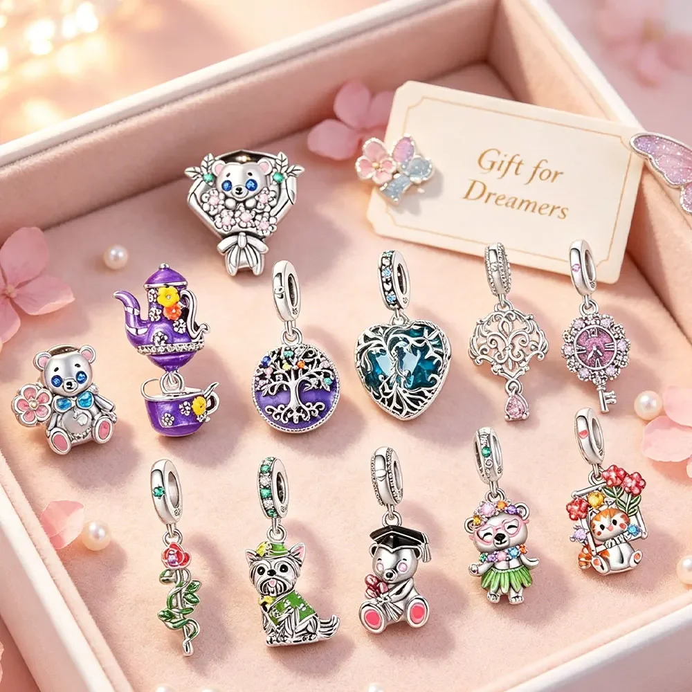 Original S925 Silver Animal Charms Bear Dog Cat Teapot Tree Heart Clock Rose Zircon Beads Fit  Bracelet Jewelry Gifts for Women