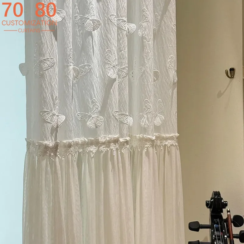 Skirt Gauze French Cream Butterfly Embroidery Skirt Window Gauze Living Room French Window Customized Balcony White Tulle