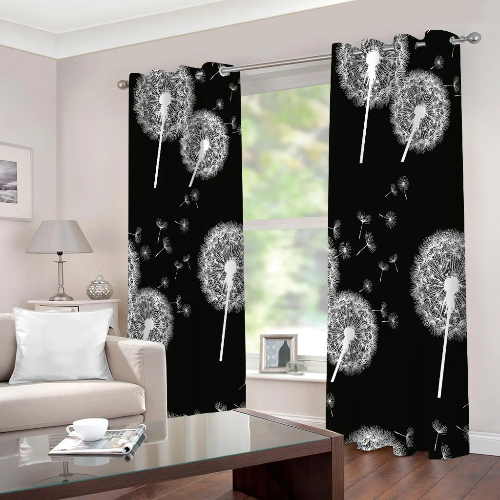 HUANZHUANG Curtains For Living Room Black And White Dandelion Blackout Curtains Perforated Pc Home Decor Cortinas Dustproof