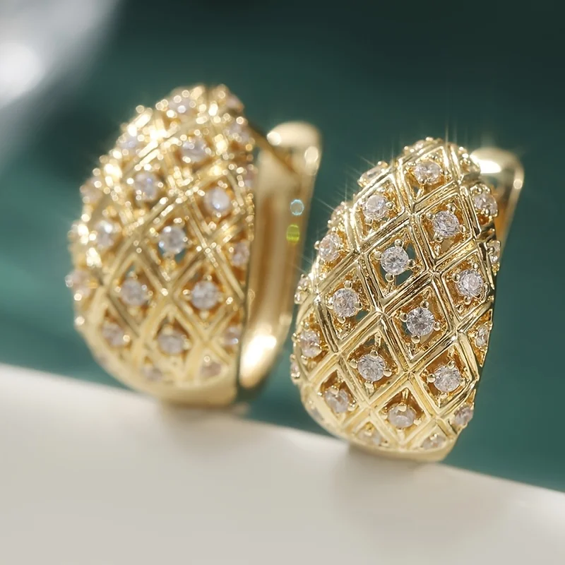 أقراط دائرية أنيقة باللون الذهبي مع زركونيا - طراز فرنسي لحفلات الزفاف والمناسبات الرسمية ومجوهرات الزفاف #1