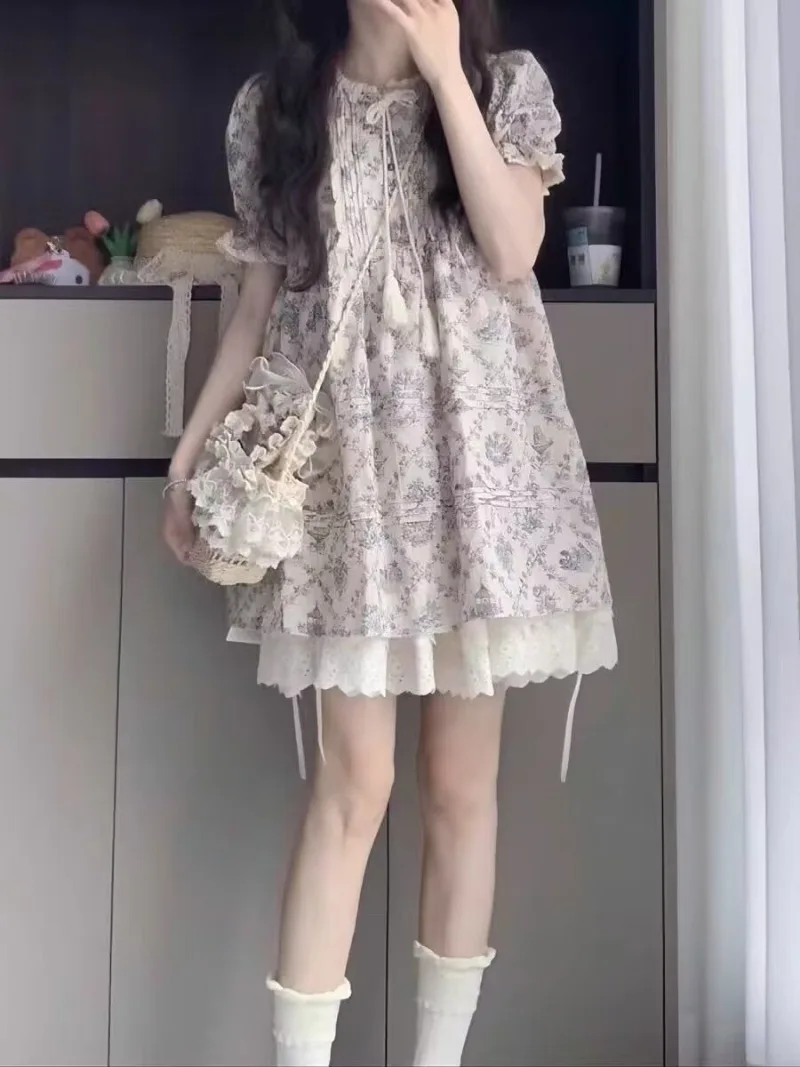 

College Style Lolita Girls' Dress Sweet Loli Bubble Sleeves Floral Dresses Summer Student Princess Dress Cute Y2k Streetwear