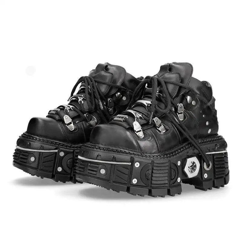 

New Retro Rock Spanish Dark Platform Punk Leather Men's and Women's Same Metal High-Top Platform Dad Shoes