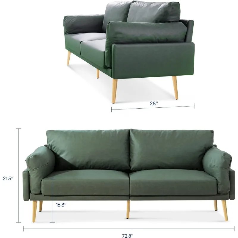 Sofá de tecido, sofá moderno de meados do século, sofá verde de 72 polegadas para espaços pequenos, sofá de quarto, sofá de apartamento,