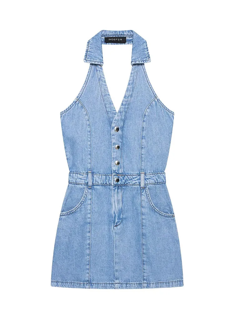 HH Women Summer Denim Halter Mini Dress Shirt Collar V Neck Button Front Cinched Waist Backless Short Dress With Slant Pockets