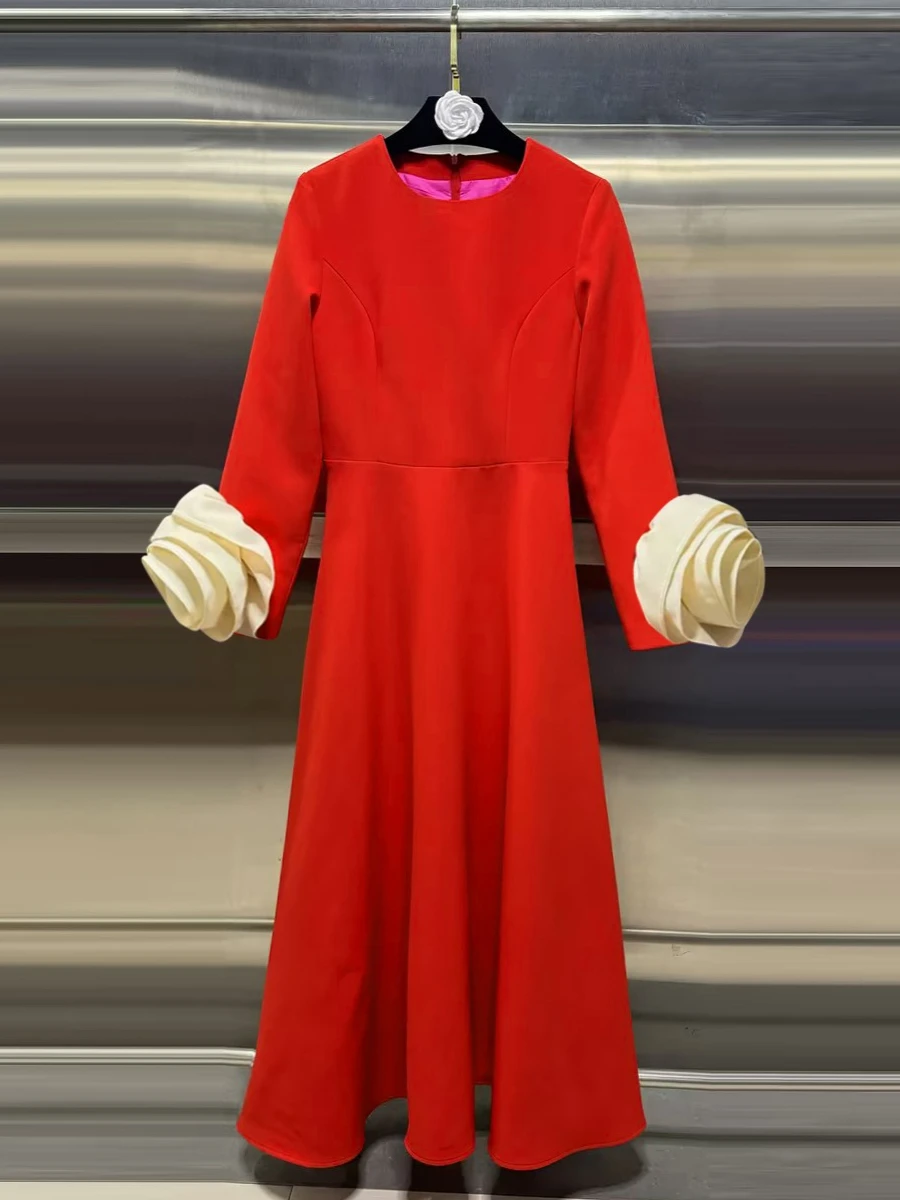 투트윈스타일 히트 컬러 슬리밍 스플라이스드 3D 플라워 드레스 여성용 라운드넥 긴팔 하이웨이스트 우아한 드레스 여성 신상