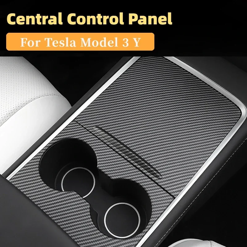 For Tesla Model 3 Y Central Control Panel with Push Handle Center Console Cup ABS Cover Stickers Interior Accessories 2021-2023