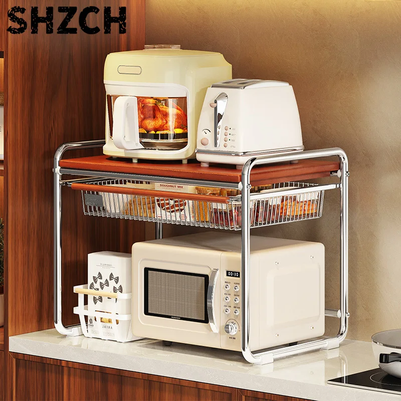‌Retro Kitchen Shelf with Spice Rack - Fits Microwave & Rice Cooker, Space-Saving Wall Mounted Organizer for Countertops