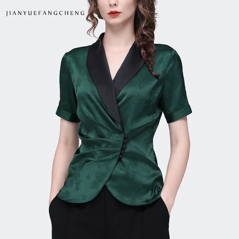 2023 Summer Women Dark Green Satin Jaquard Shirt Elegant Suit Collar Short Sleeve Top Fashion Chic Retro Casual Blouses