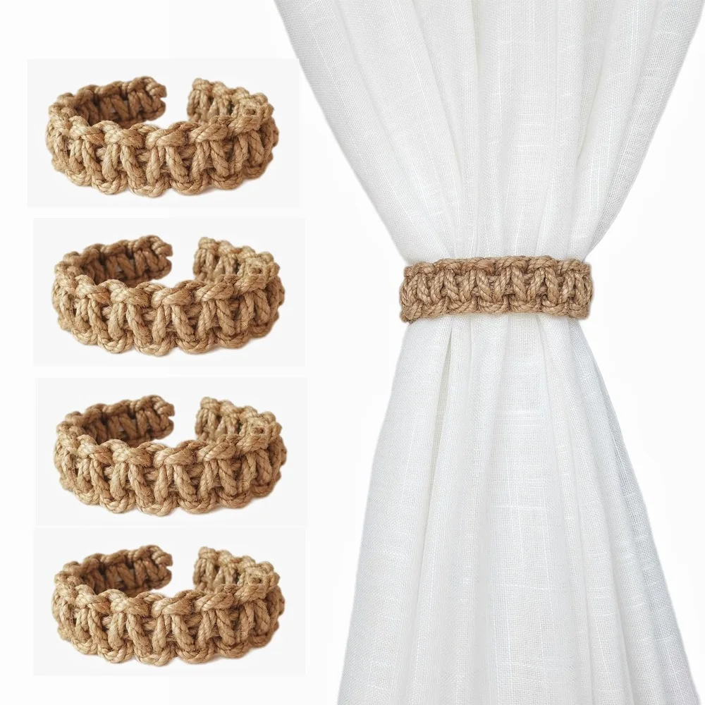 2pcs Vintage Hemp Braided Curtain Holdback Rope Curtain Tieback For Decorative Curtain Holdback Fashion Woven Hanging Home Decor