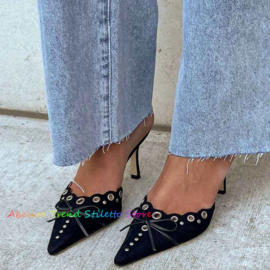 

Butterfly-knot Ladies Shoes Designer High Heels Pointed Toes Mules Studs Sandals Femme Bow-tied Sandalias Hollow Zapatos Mujer