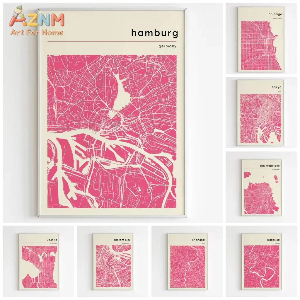 1 unidad, carteles e impresiones de mapas de ciudades, rosa, blanco, Bangkok, Hamburgo, Chicago, San Francisco, Tokio, pintura en lienzo, decoración para dormitorio, oficina y hogar