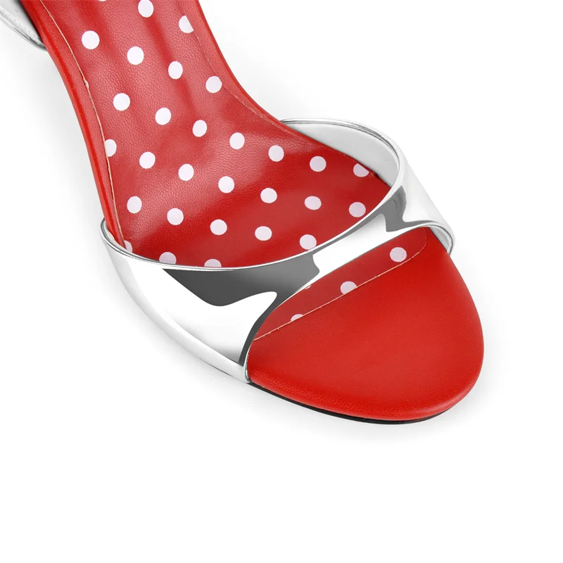 Onlymaker  Open Round Toe Silver Upper Red Insole Polka Dot Sandals 10CM Stiletto Heel Ankle Strap Buckle Party Prom Dress Shoes view 4