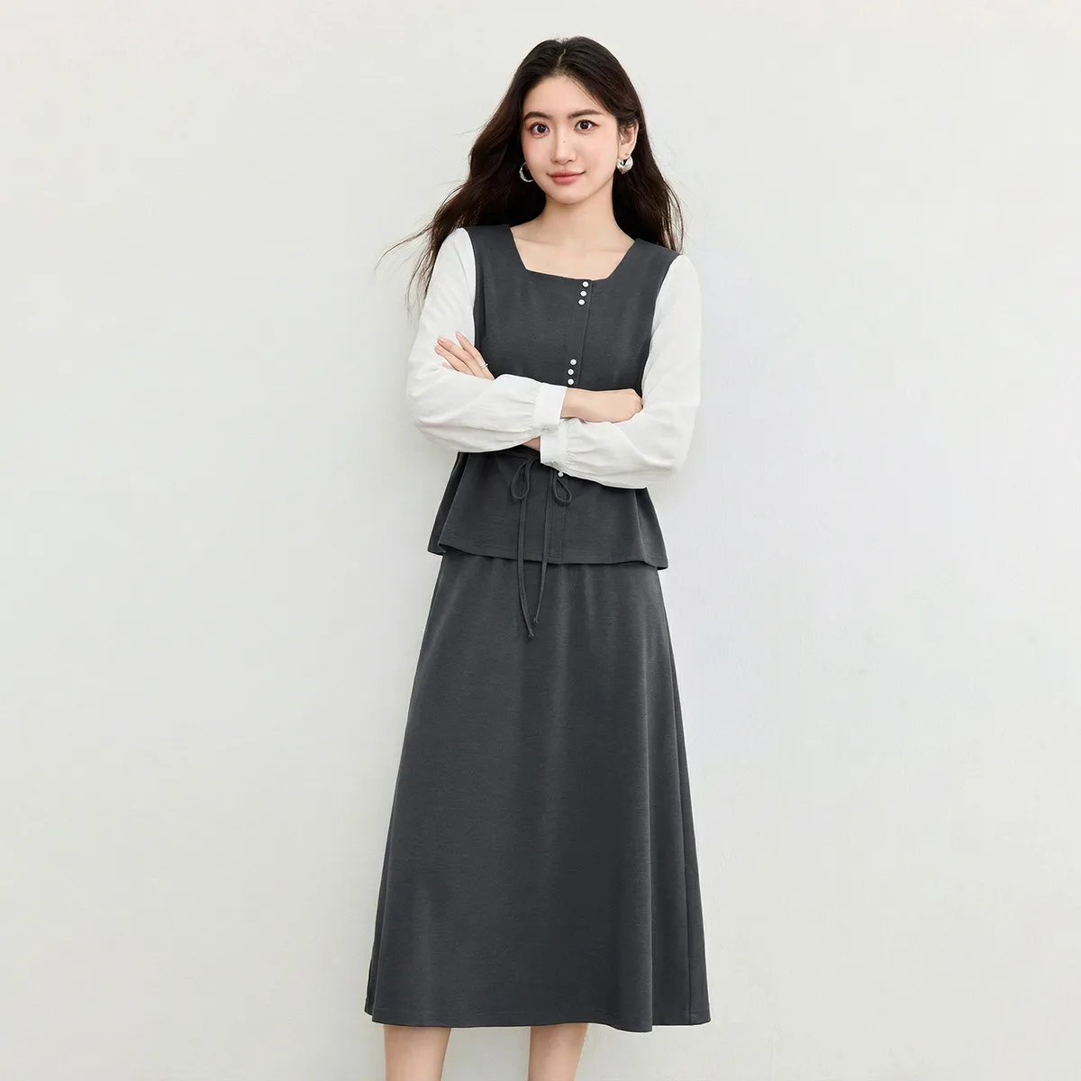 

SENTUBILA Women's 2 Pieces Set 2026 Spring Top and A-Line Skirt Suit Square Neck Gray Casual Office Lady Clothing 161ZA6138