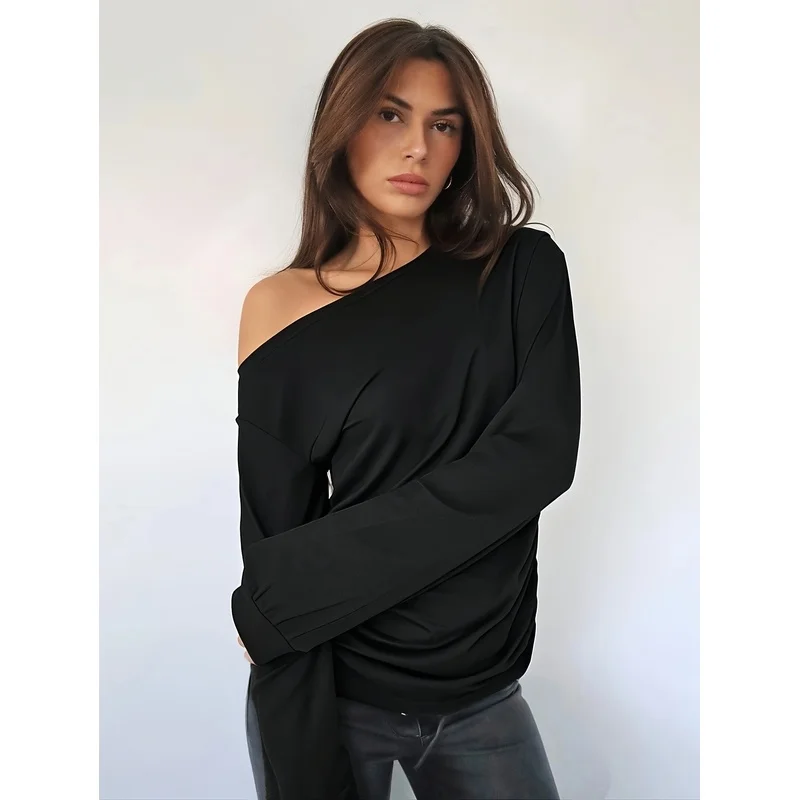 [Off-Shoulder |   Pleated] Women's Off-Shoulder Pleated T-Shirt |   Autumn Long Sleeve Solid Color Easy