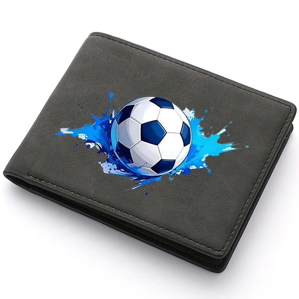 PU Leather Soccer Ball Blue Splash Print Men Bifold Wallet Multi Card Slots Zipper Coin Purse for Student Boys