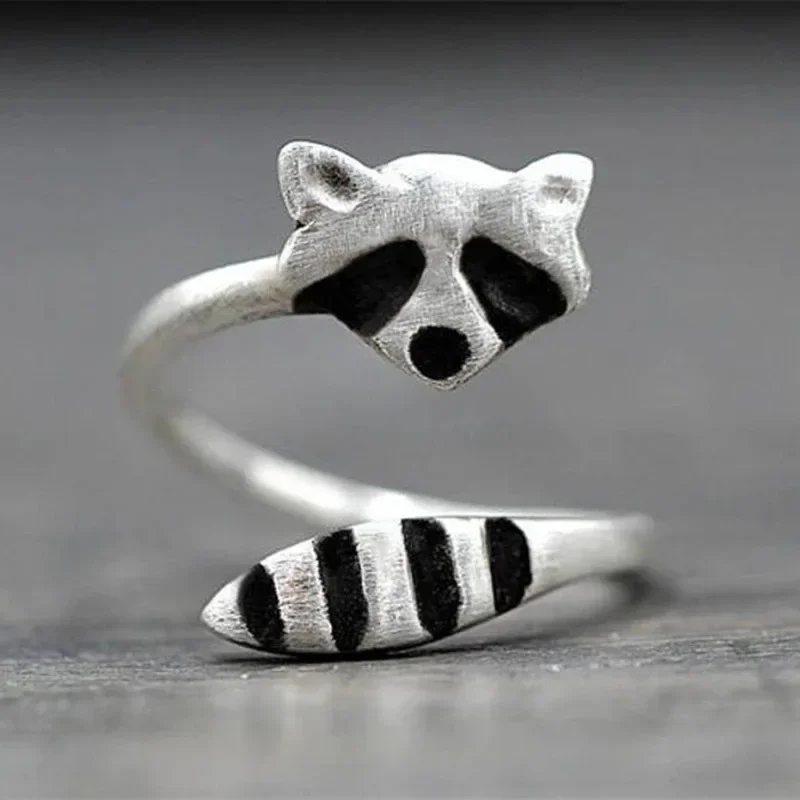 Raccoon Rings for Women Men Girls Ghost Broom Halloween Jewelry Gift Vintage Finger Ring Resizable