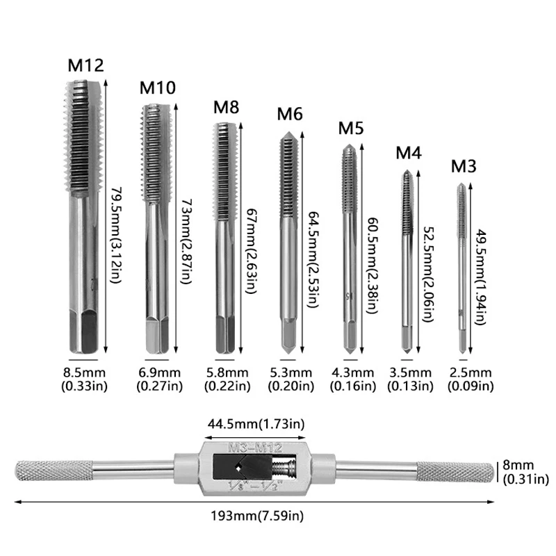 Metric Hand Tap Set, broca de torneira direita HSS, M3-M12 Thread Punching Wrench, ferramentas manuais, macho para fazer rosca em aço, 8 pcs, 6 pcs