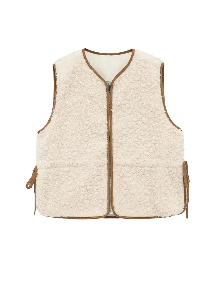 

HH Women Winter Fashion Versatile Warm Crew Neck Adjustable Waist Lamb Wool Vest Female Casual Zipper Bow Tie Sleeveless Top