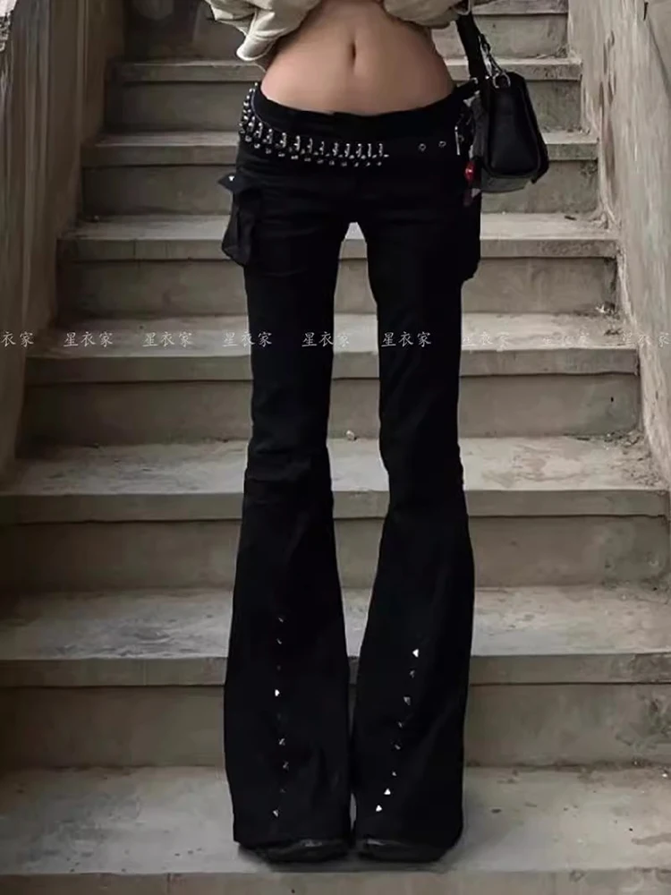 여성 플레어 청바지 패션 스트리트 스타일 스키니 벨 바닥 데님 바지 레이디 디자인 감각 틈새 Y2K 펑크 긴 바지