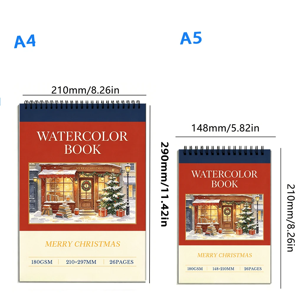 Watercolor Paper Book, 180gsm 26 Sheets Cold Press, No Bleed Art Pad for Christmas Painting, Sketching & Mixed Media