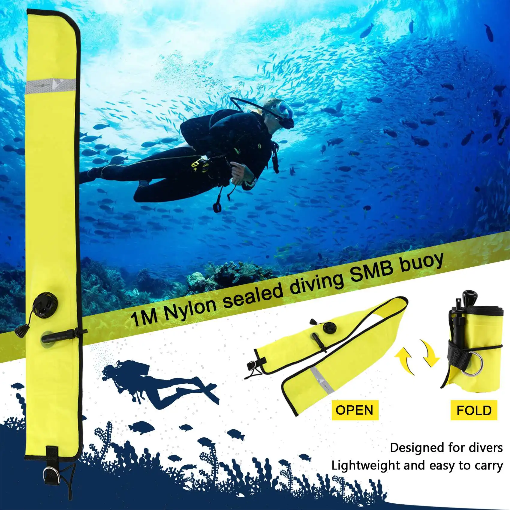 1M Scuba Diving Inflatable SMB Surface Signal Marker Buoy Visibility Float Signal Tube Sausage,Yellow Rich