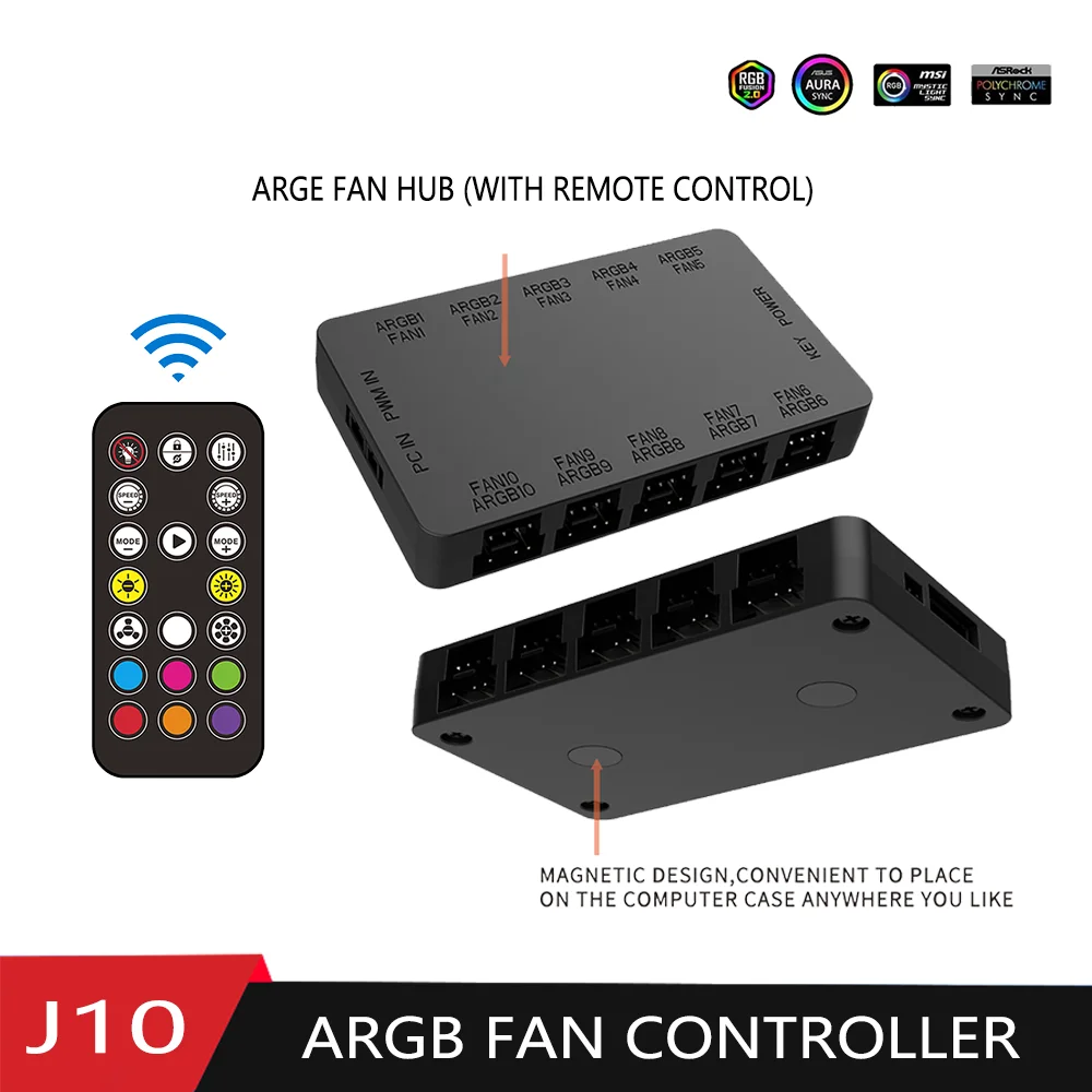 

5V 3PIN 10-Port Fan Adapter with Wireless Controller for Computer Hardware 2-in-1 ARGB/PWM Hub