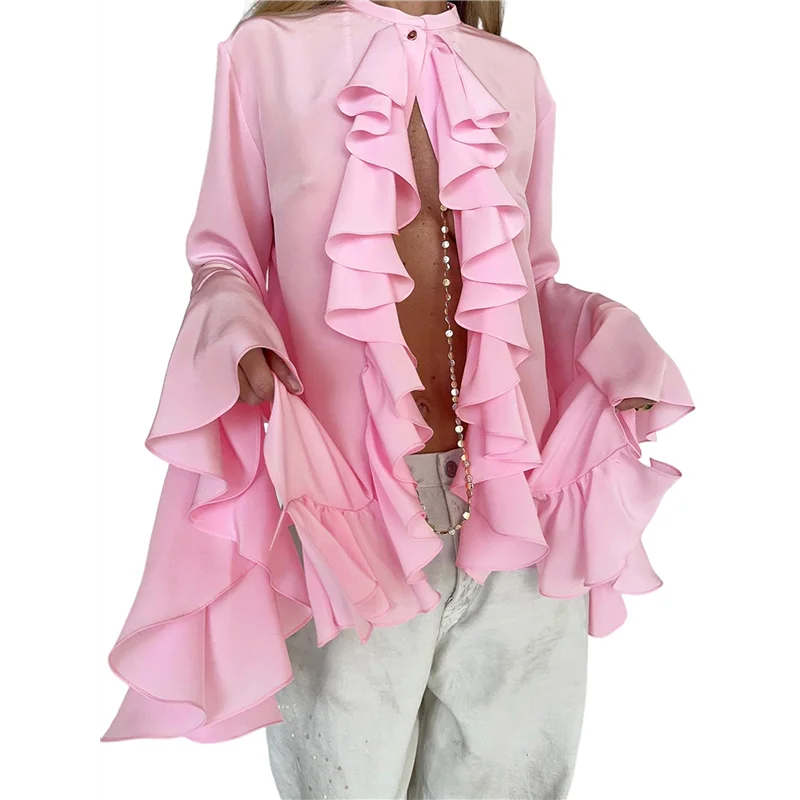 

CGS-женские повседневные блузки с расклешенными рукавами и воротником-стойкой, топы с рюшами, летняя модная рубашка для отпуска