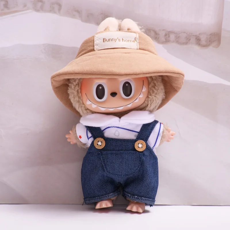 Cute Mini Plush Doll Clothes, 17cm, Outfit Acessórios para Coréia Kpop Exo Labubu Idol Dolls, Macacão Chapéu, DIY Kids Gift