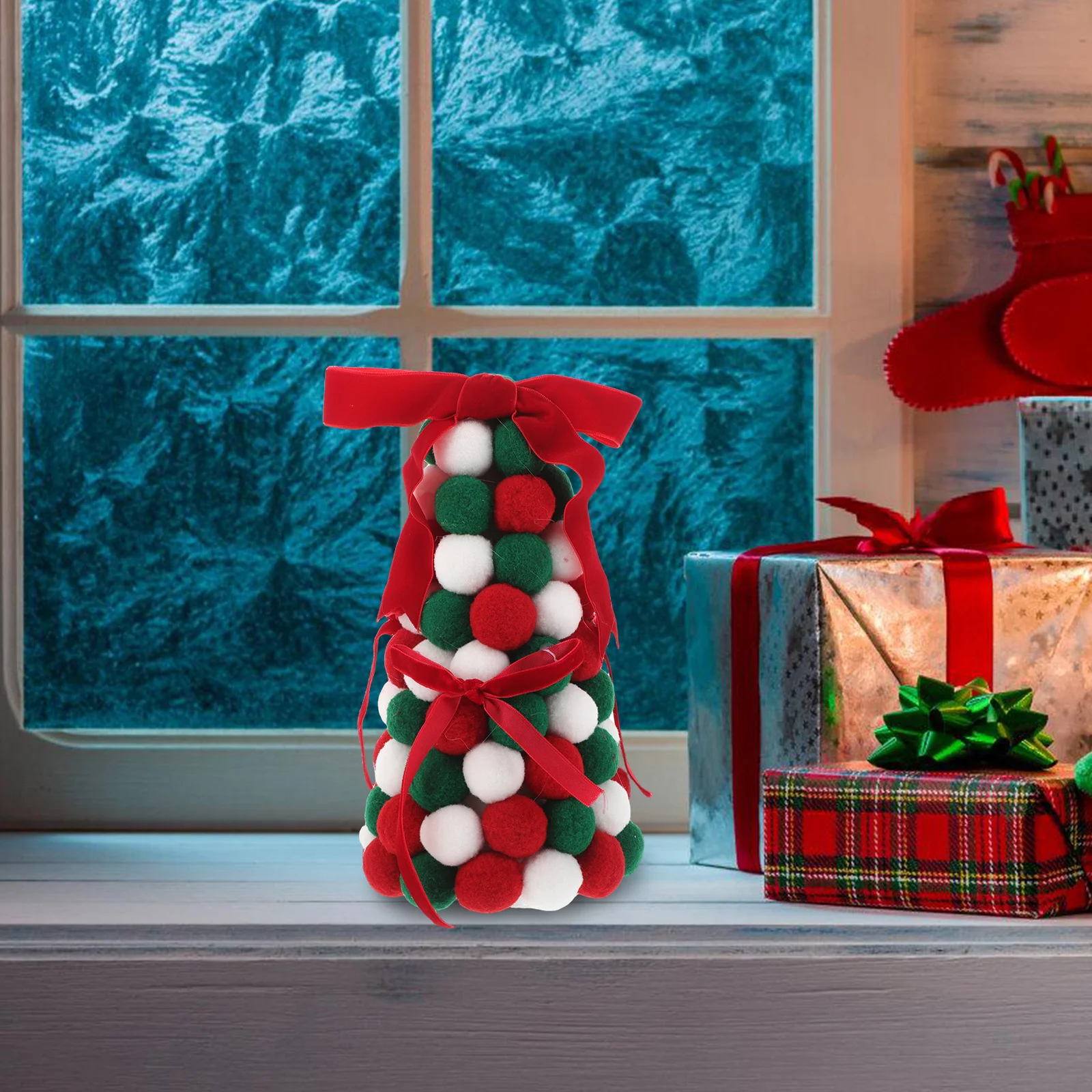 

Creative Small Christmas Tree with Handcrafted Pom Poms and Bow Ornament Festive Indoor Decoration for Table Mantel Desktop