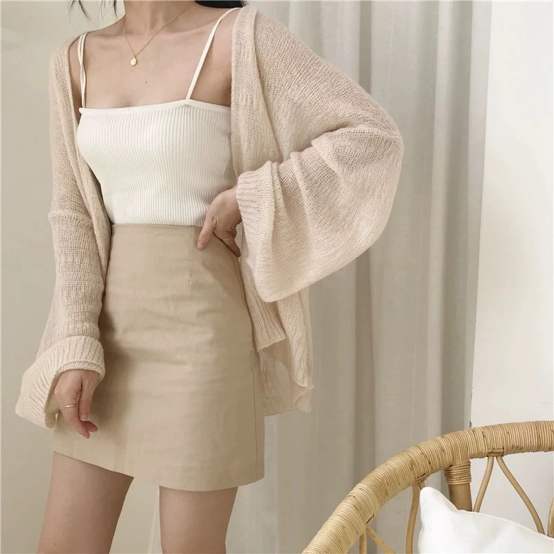 Lightweight Short Open Cardigan Women's Korean Style Student Loose Hollow Knitted Sun Protection Outerwear Summer V-neck Long...