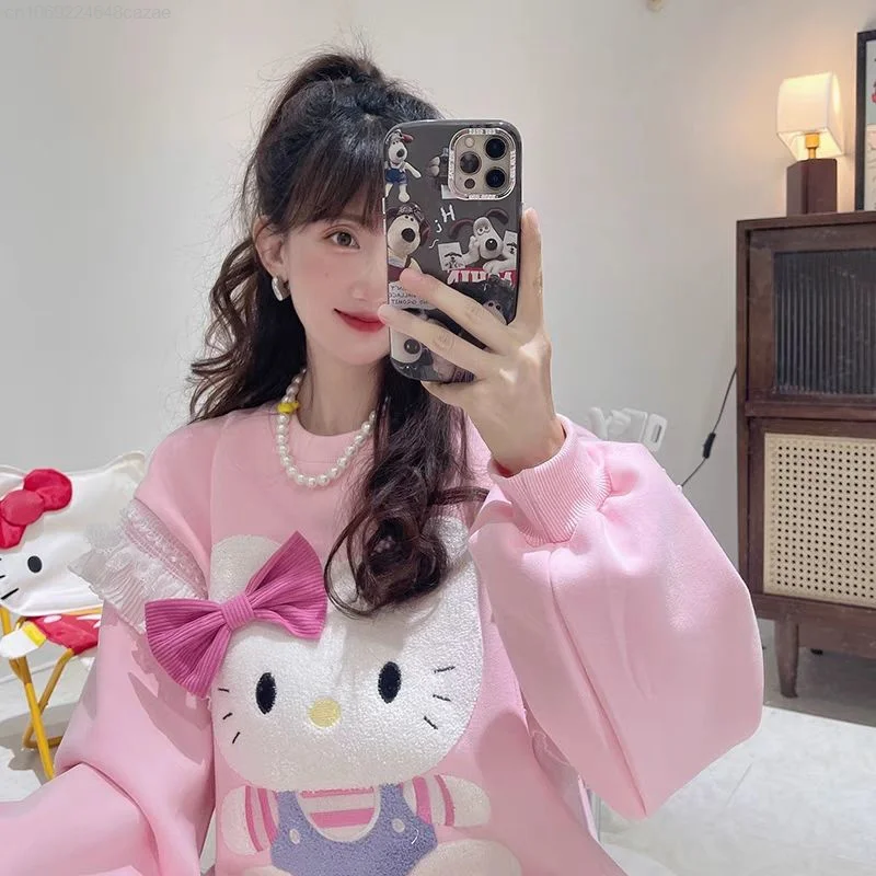 Sanrio Hello Kitty Y2k Korean Style Clothes Round Neck Pullovers Cartoon Aesthetic Cute Bow Loose Sweatshirt Women Fashion Tops