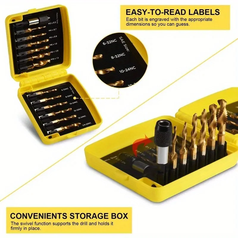 1 Set 3-in-1 Combination Drill Tap Bit Set Titanium Coated Screw Tapping Tool for Drilling Tapping and Countersinking