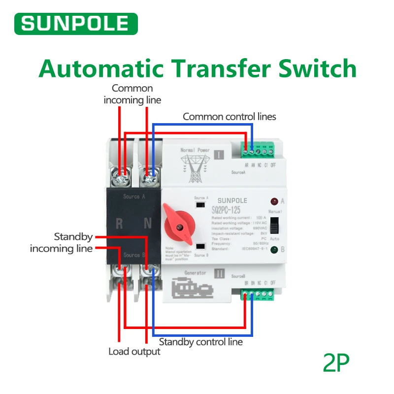 Dual Power Automatic Transfer Switch Mini Size ATS 2P 3P 4P 125A 220V Changeover Switch City Power To Generator