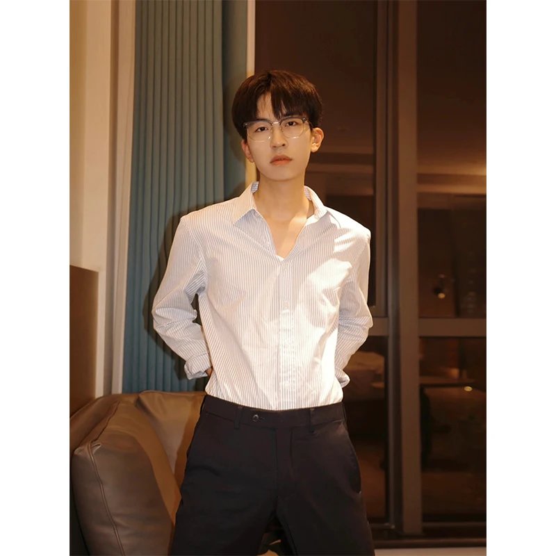 

White Striped Men's Long Sleeve Shirt Summer Trendy Korean Sun Protection Outerwear Casual Loose Fit Polyester Fiber