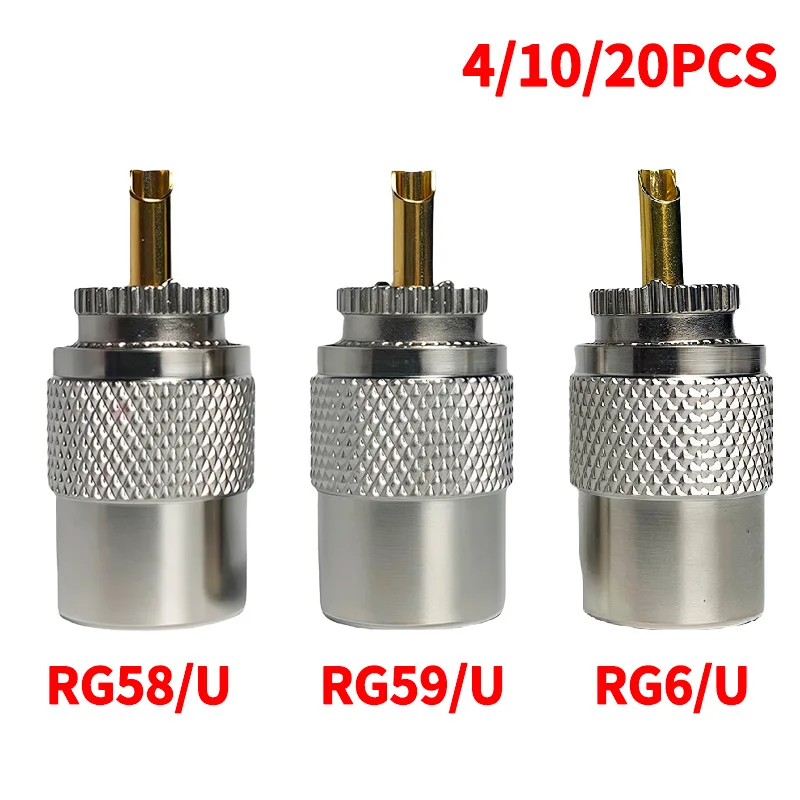 

UHF Male Plug & N-Type Male Plug RF Connectors, Gold-Plated Brass Crimp Adapter for RG58 RG59 RG6U Coaxial Cable, Antenna Use