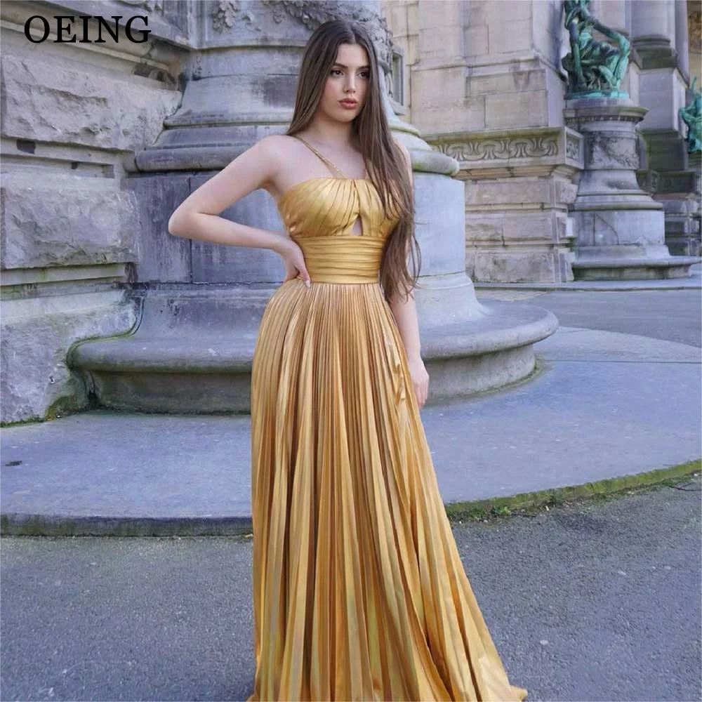 

OEING Gold Exquisite Evening Dress Sexy Strapless Pleated Cocktail Party Dress Vestidos De Noche Sparkly Prom Gowns Real images