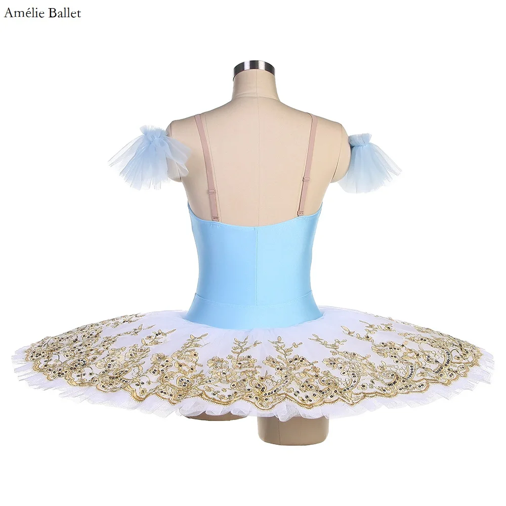 BLL544 Adult and Child Sky Blue Spandex Bodice White Pancake Tutu with Gold Applique Decorated Pre-professional Ballet Tutu