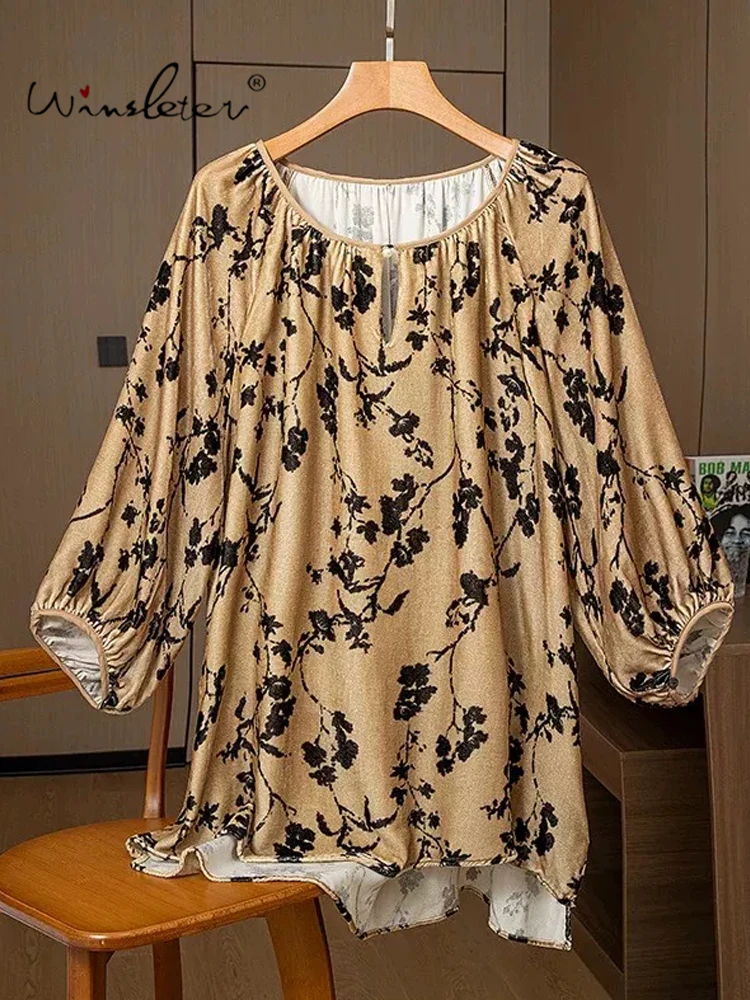 Winsleter-Silk Velvet Elegant T-Shirt, O Neck Floral Patchwork, Women Retro Temperament Commute Loose Top, 2026 Autumn T68936CC