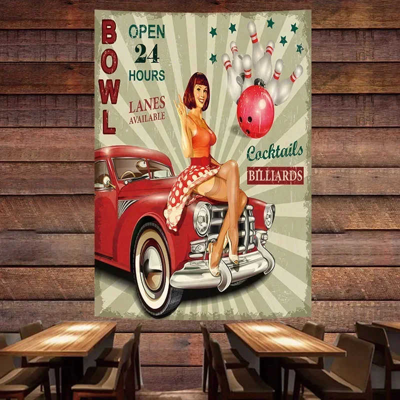 BOWL OPEN 24 HOURS Vintage Car Poster Tapestry Mural Pin Up Girl Flag Wall Painting GARAGE Auto Repair Shop Wall Decor Banner