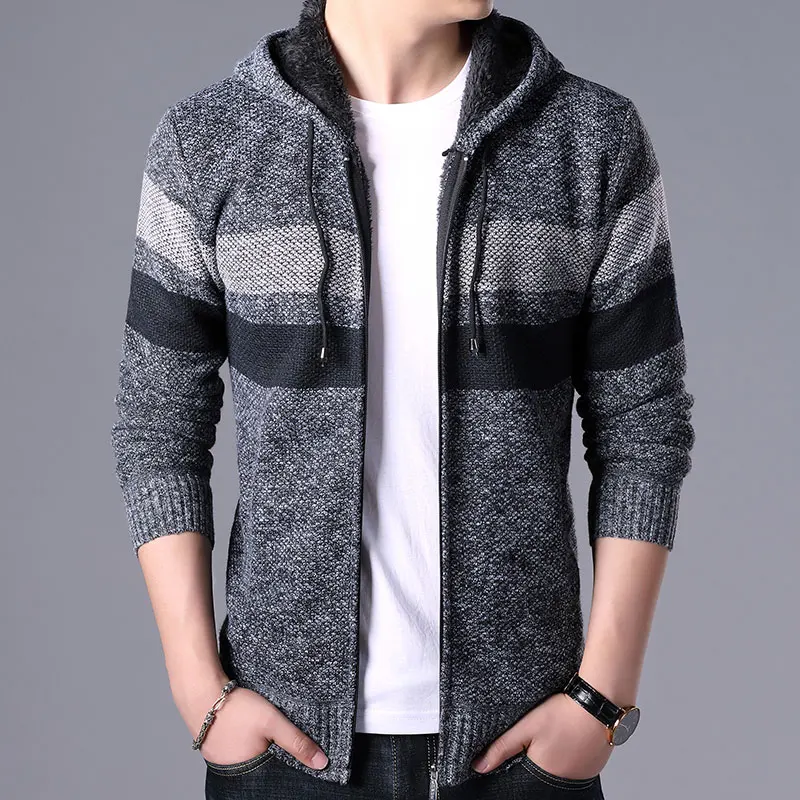 

2025 Autumn Winter Men Casual Striped Sweatcoat Men Thick Fleece Warm Sweater Male Casual Stand Collar Zipper Cardigan