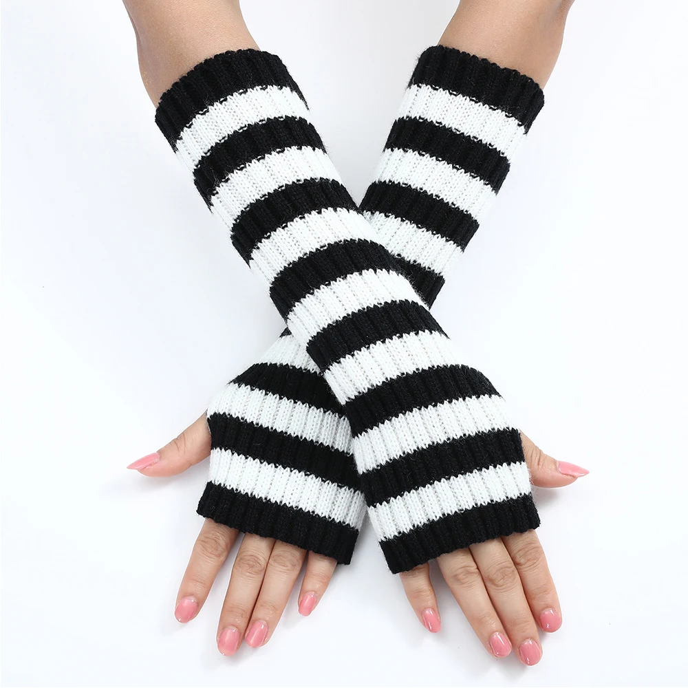 Women's Long Fingerless Gloves Winter Warm Oversleeves Knitted Half Finger Arm Sleeve Mitten Strriped Keep Warm Arm Warmer